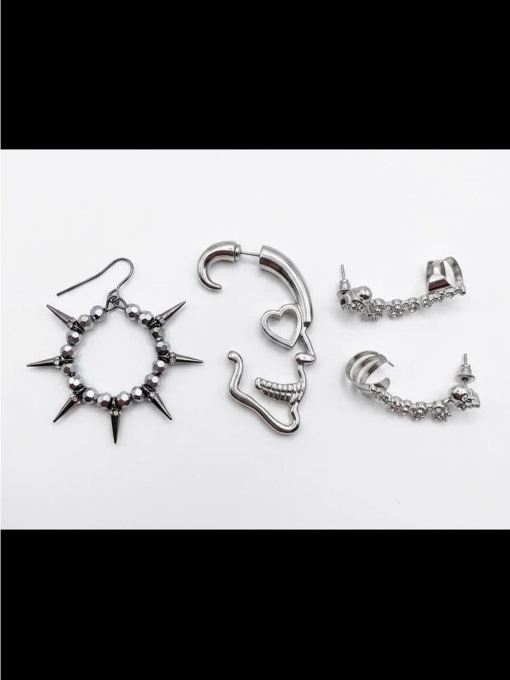 Silver Mixed-Style Women's Earring Set - Punk Spike, Heart Face & Crystal Cuffs